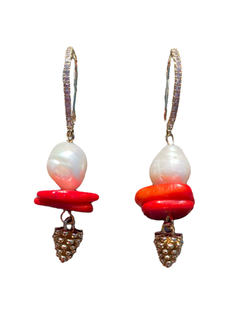 Pearl, coral and pinecone earrings