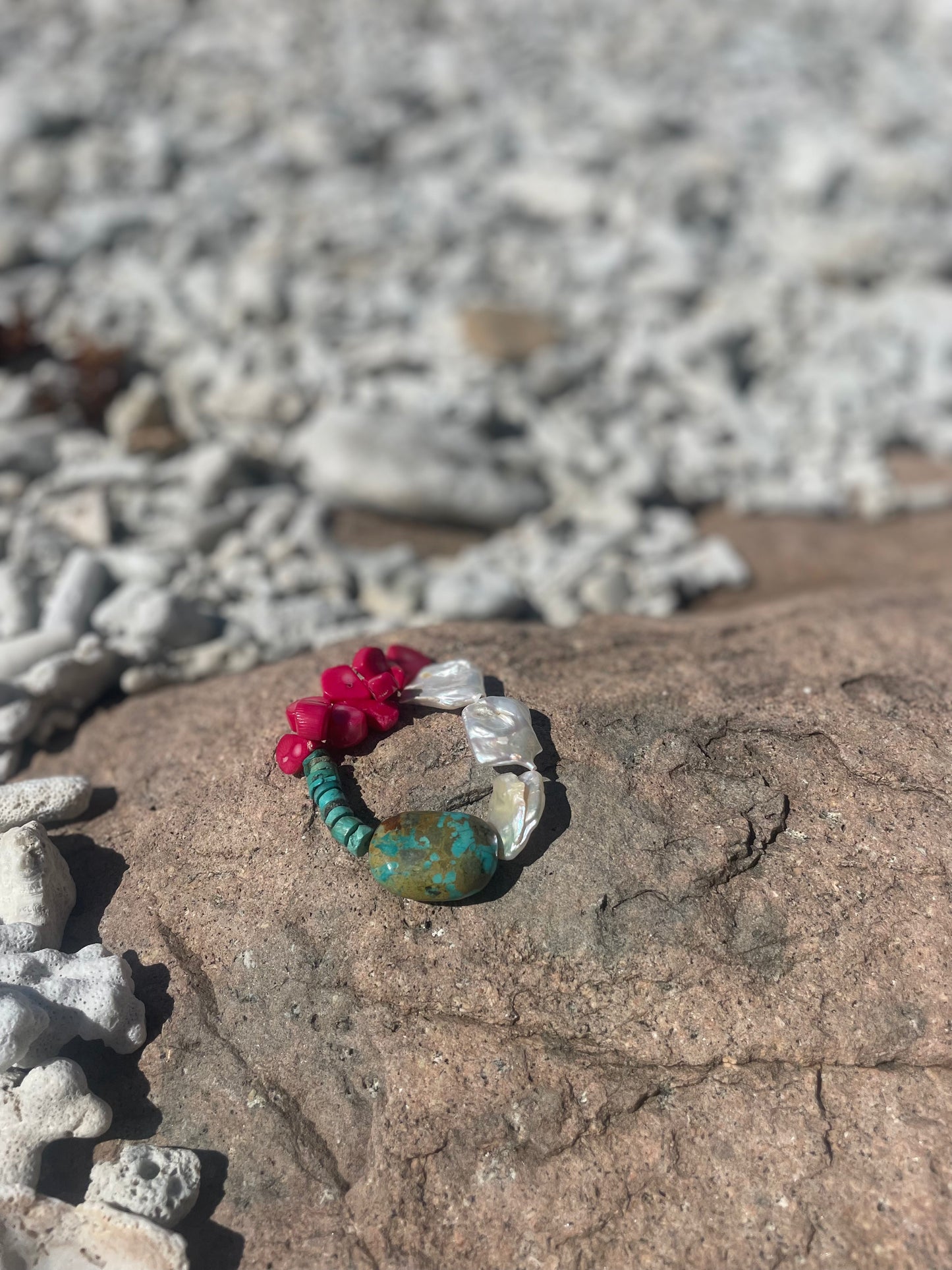 Vibrant Fusion: Hot pink coral and Turquoise with baroque pearls bracelet