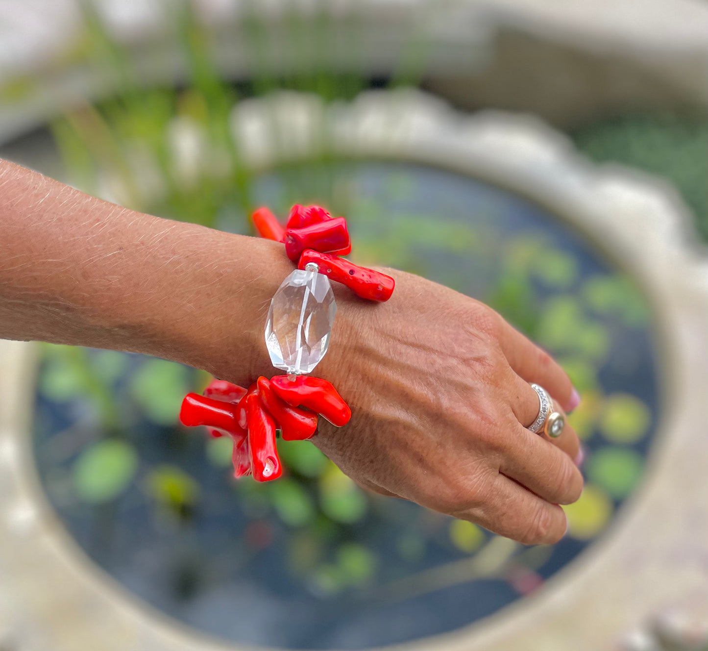Orange Coral and clear quartz bracelet
