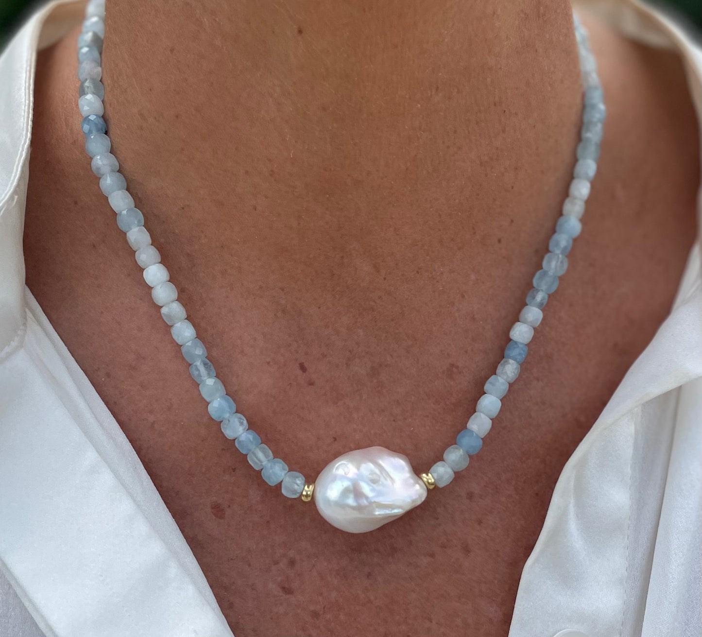 Aquamarine Necklace with Baroque Pearl