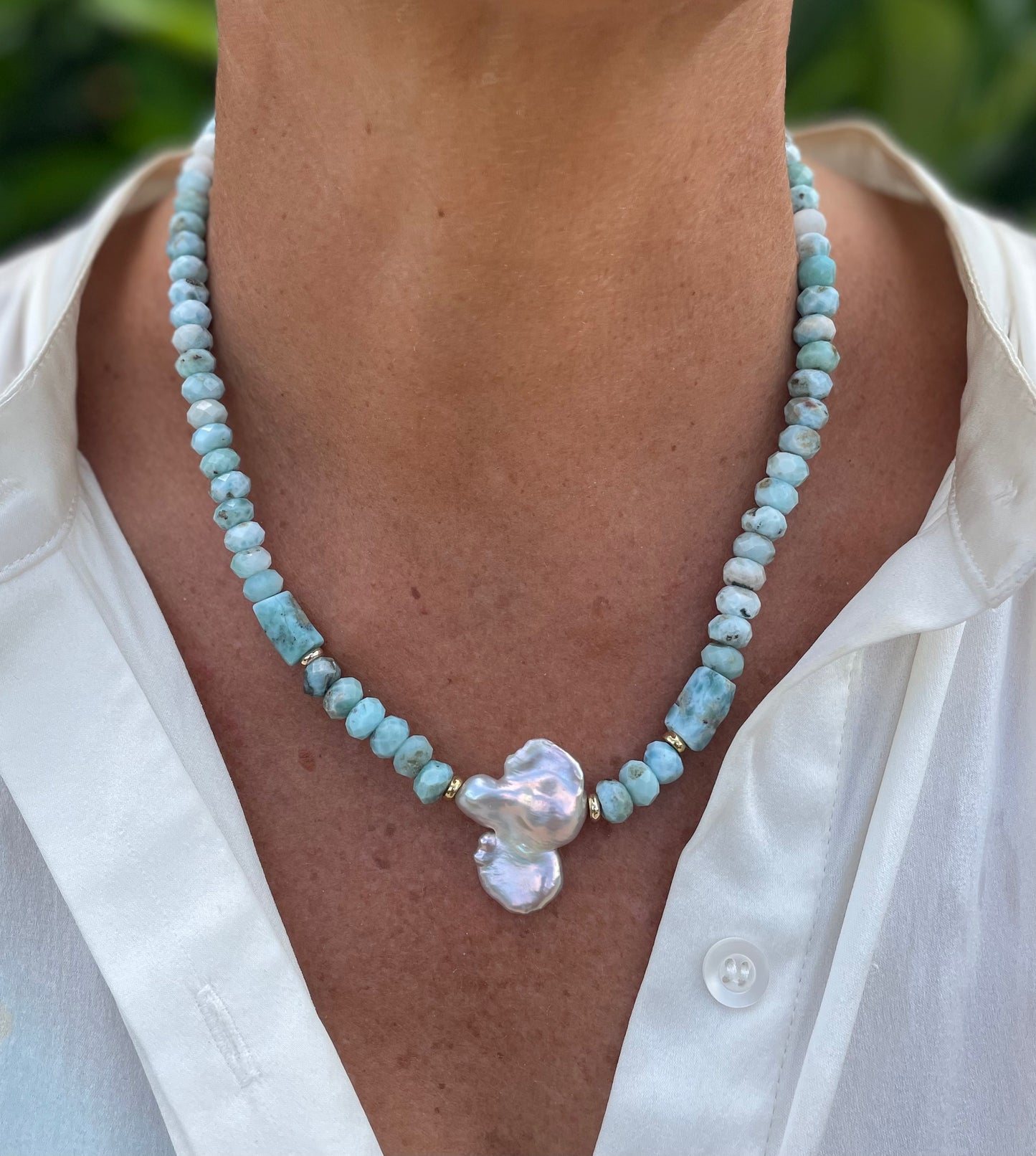 Larimar necklace with baroque pearl