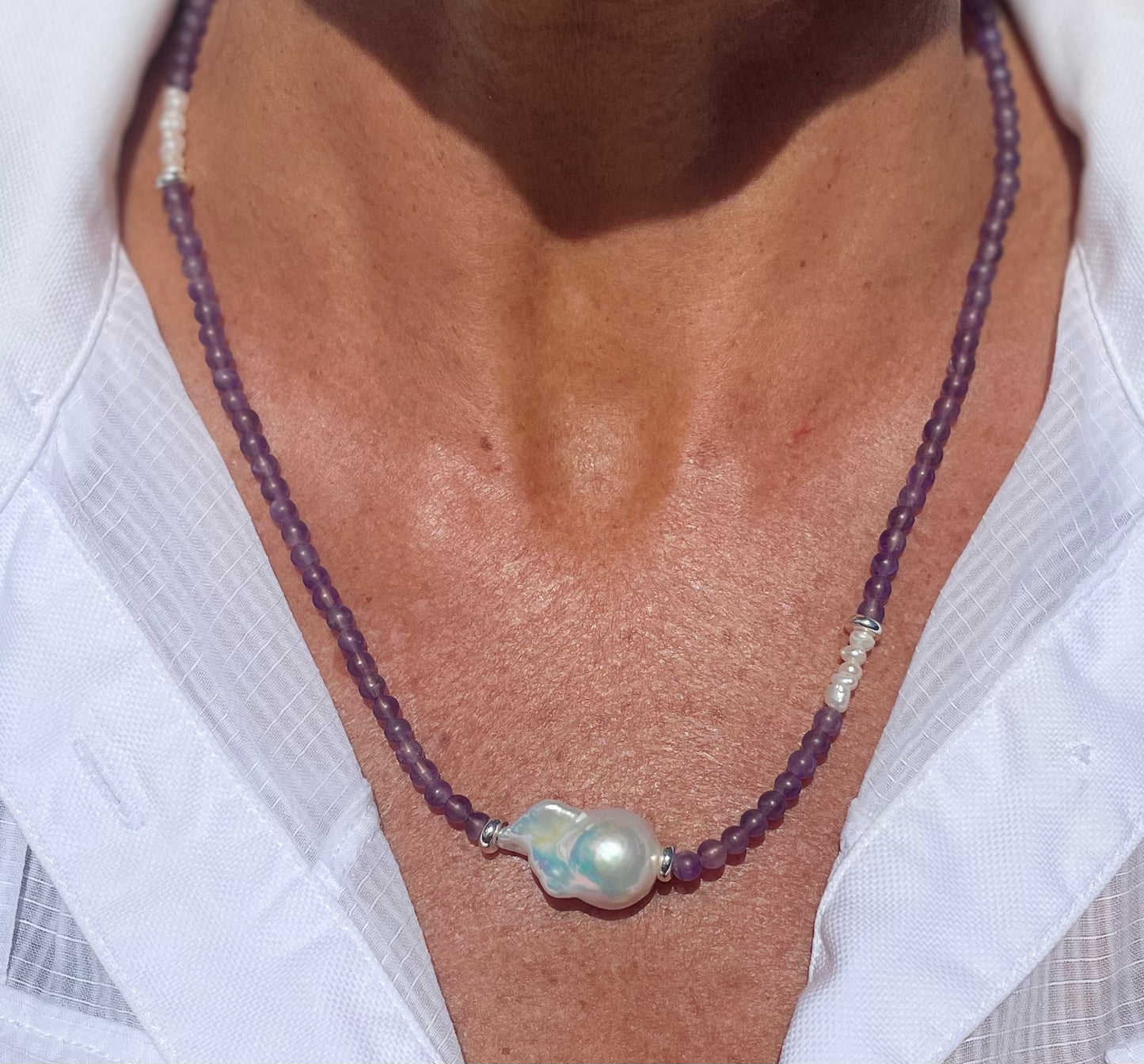 Amethyst Necklace with Baroque Pearl