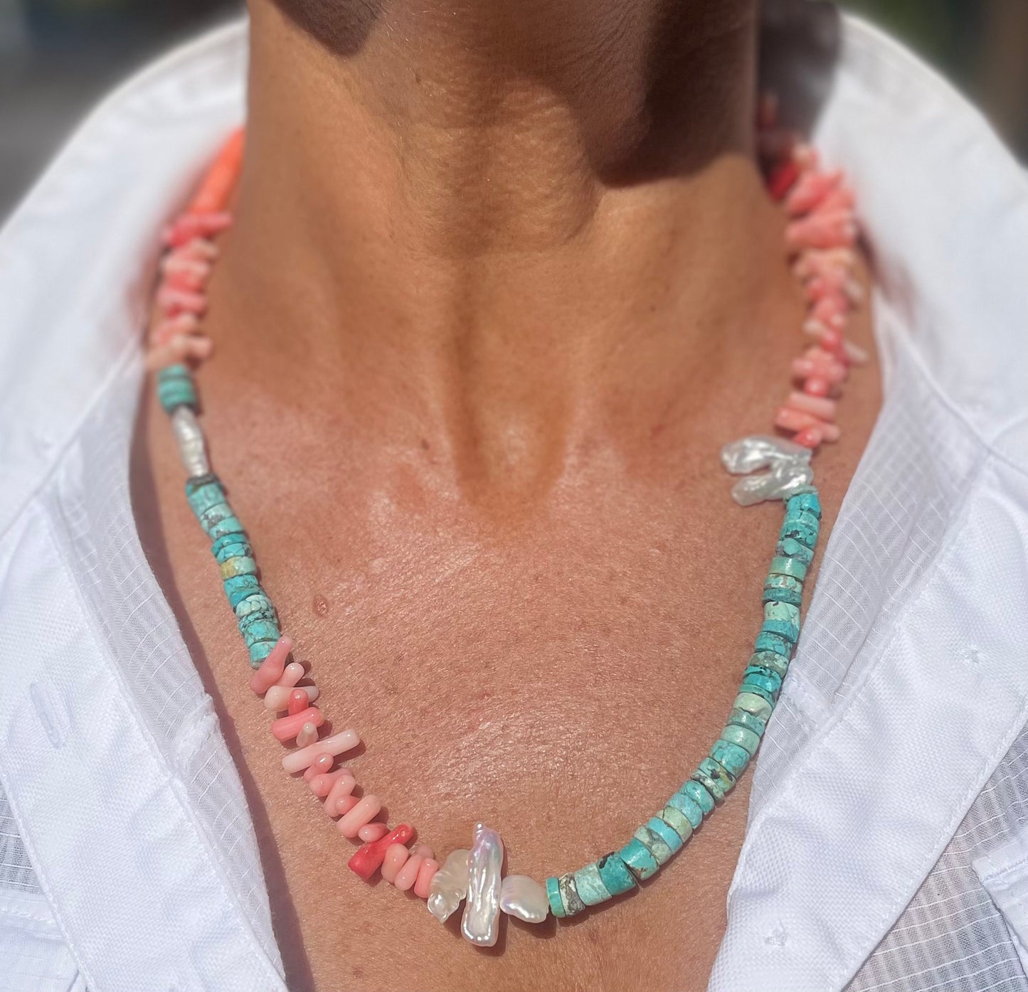 Apricot Coral, Turquoise and freshwater pearl necklace