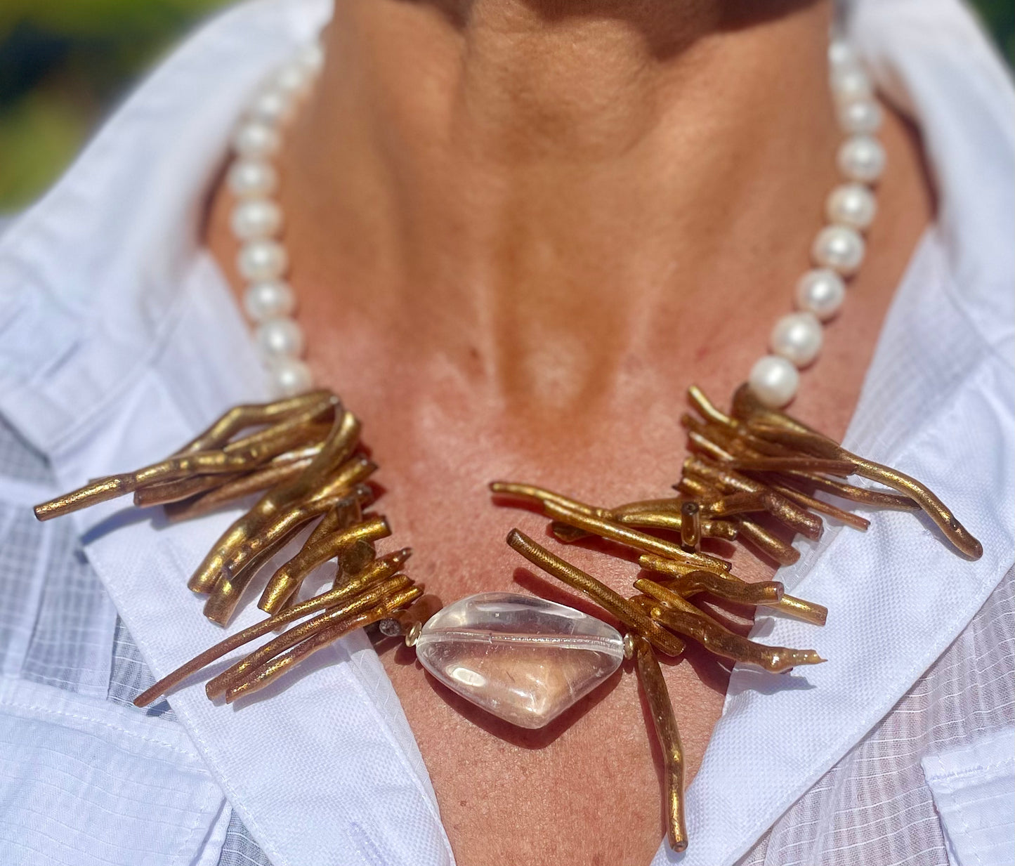 Unique coral, clear quartz and freshwater pearl necklace