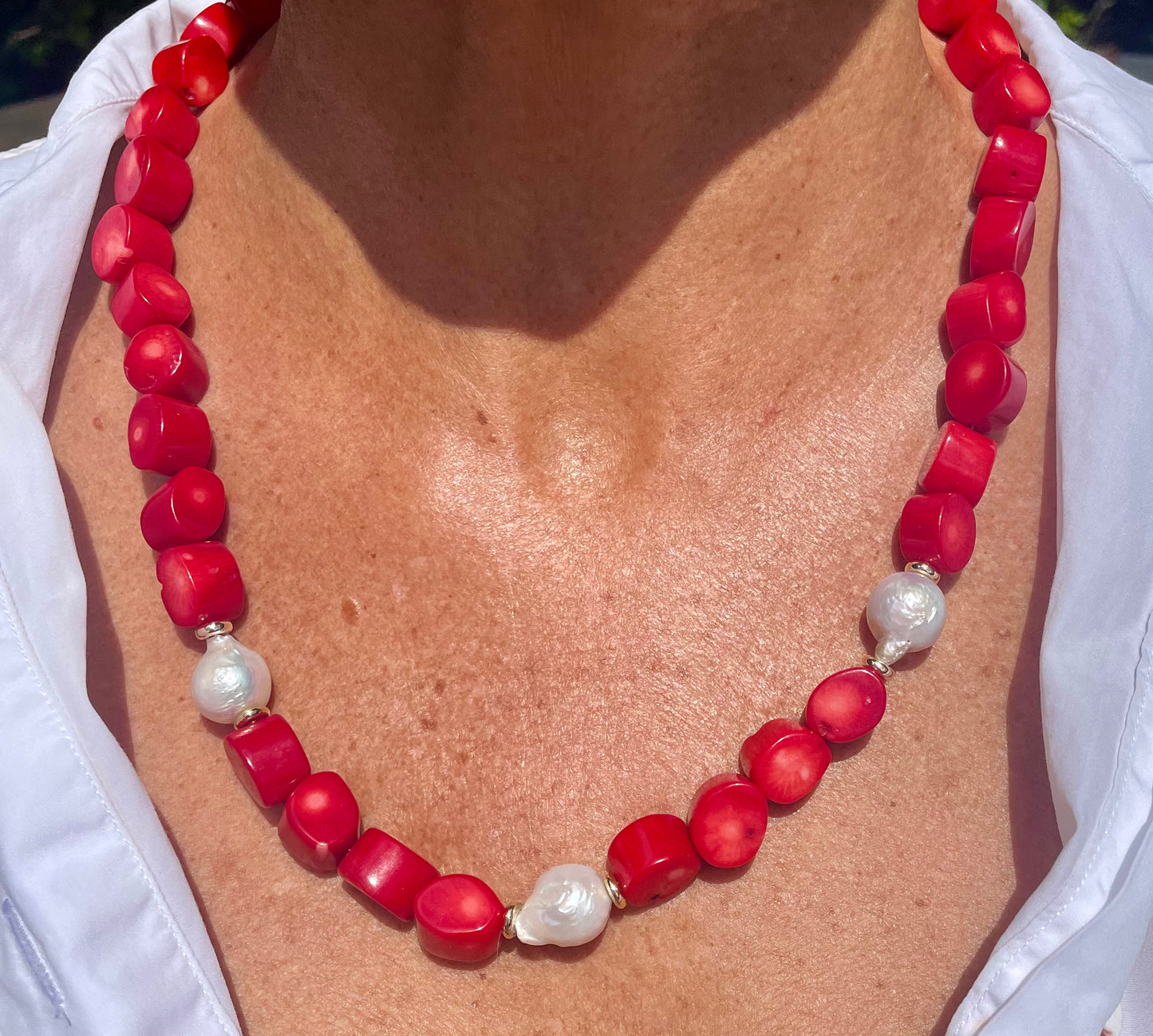 Red coral and freshwater pearl necklace