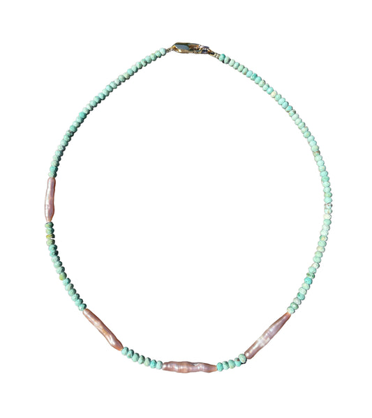 Mint opal and pink pearl necklace