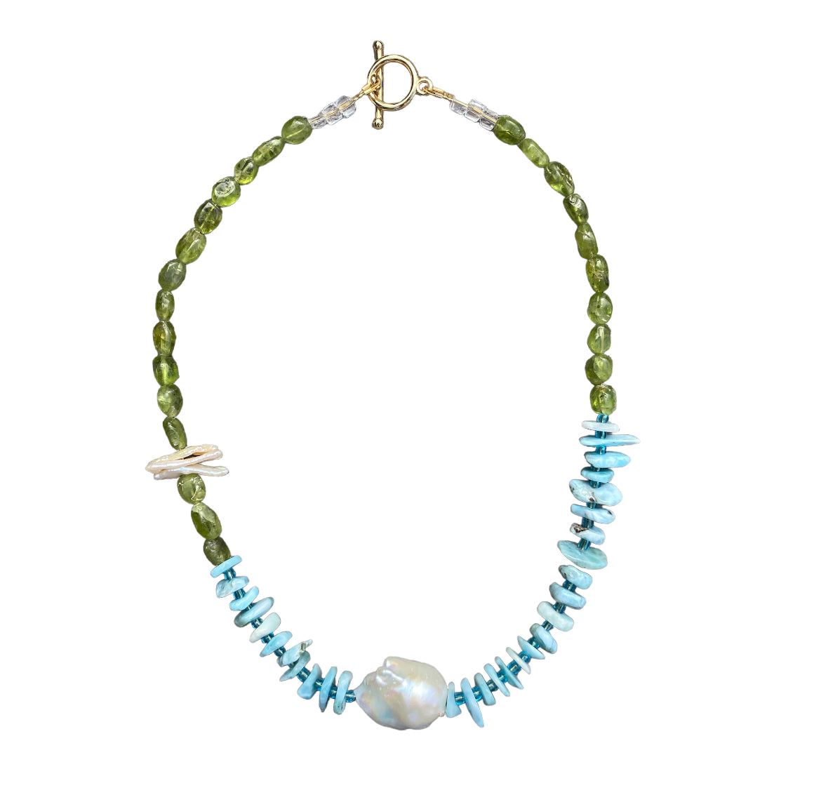 Larimar, Peridot and baroque pearl necklace