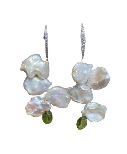 Petal pearl and Peridot drop earrings