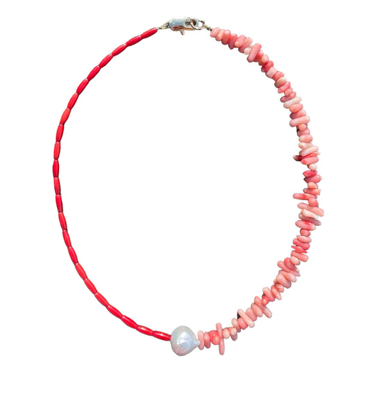 Red/Apricot Coral and pearl necklace