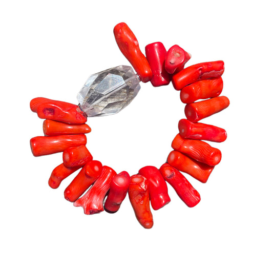 Orange Coral and clear quartz bracelet