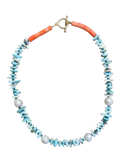 Larimar, pearl and coral necklace