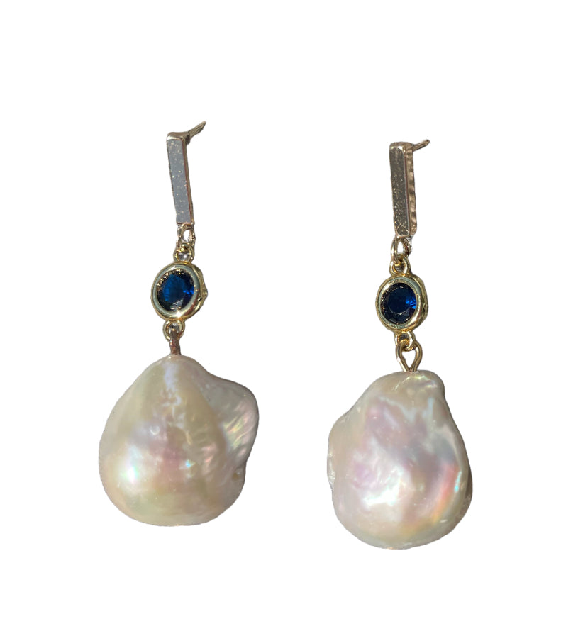 Deep blue crystal and baroque pearl earrings