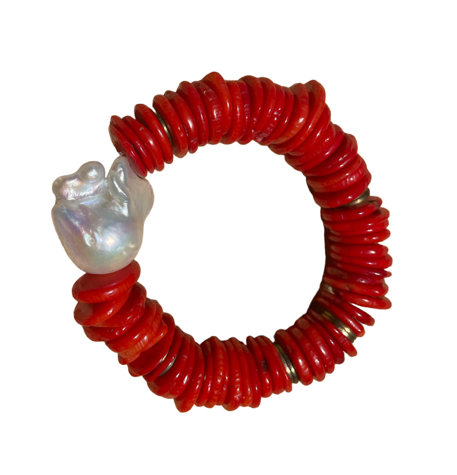 Red coral and baroque pearl bracelet