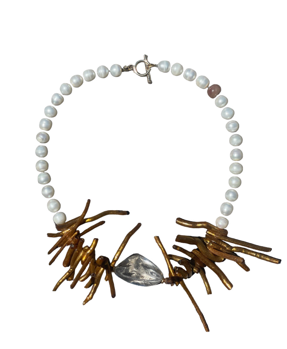 Unique coral, clear quartz and freshwater pearl necklace
