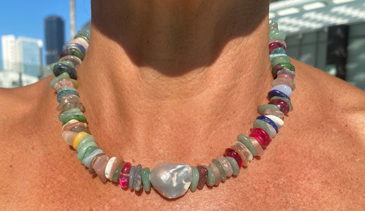 Mixed gemstone necklace with baroque pearl