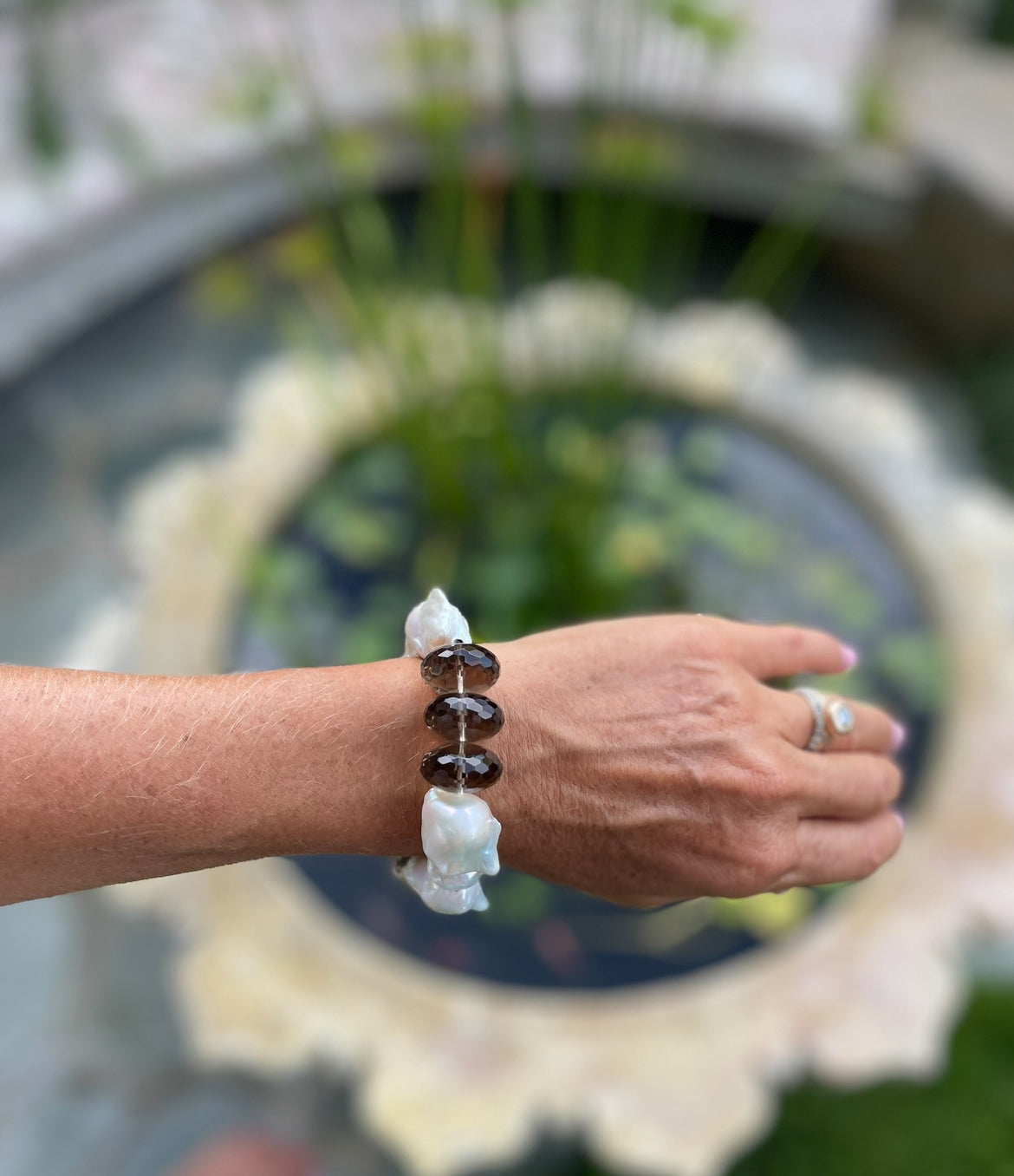 Large baroque pearl, smokey quartz and clear quartz bracelet