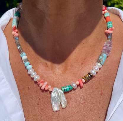 Mixed gemstones and a freshwater pearl necklace