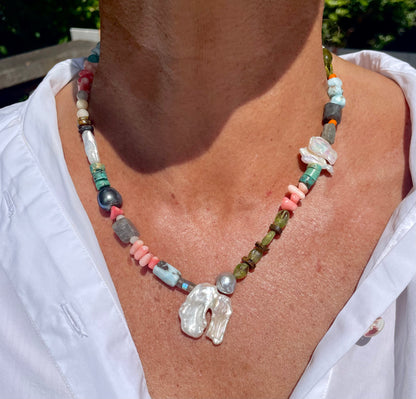 Mixed gemstone and freshwater pearl necklace