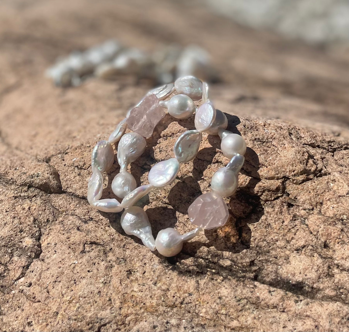 Baroque pearl and rose quartz set