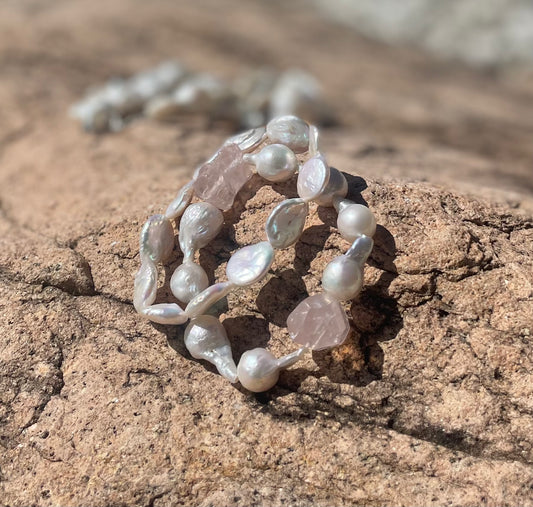 Baroque pearl and rose quartz set