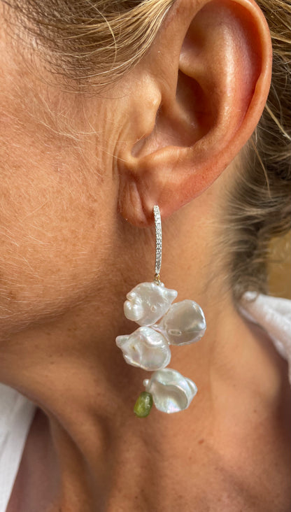 Petal pearl and Peridot drop earrings