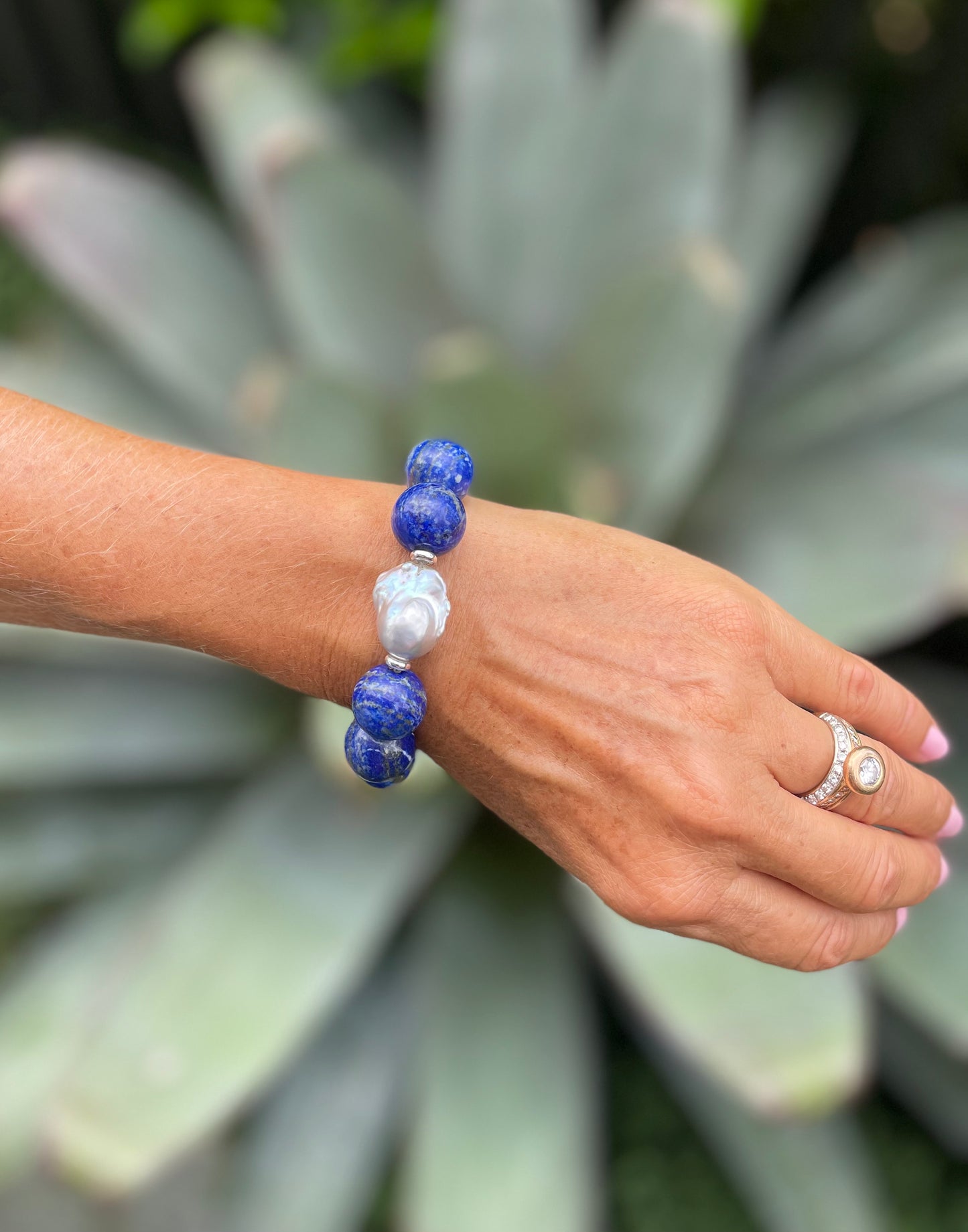 Lapis Lazuli and blue baroque pearl bracelet