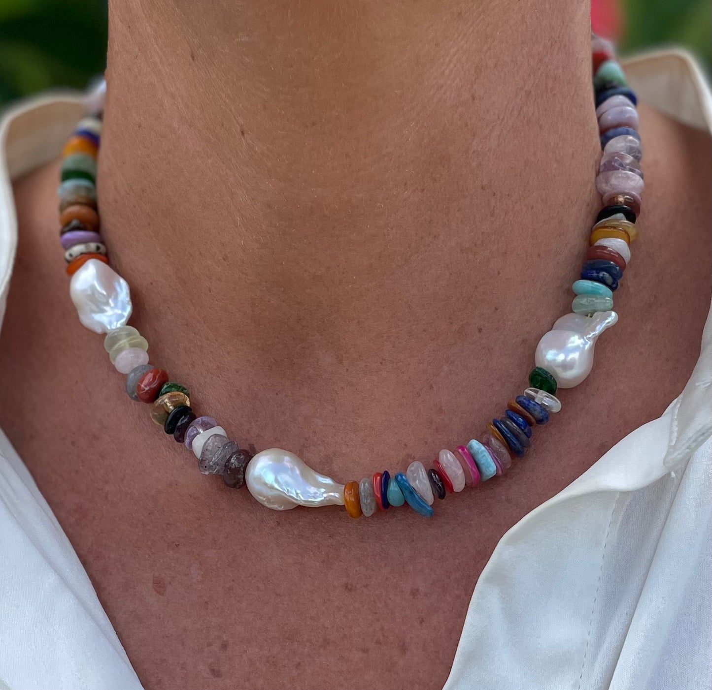 Mixed gemstone necklace with 3 baroque pearls