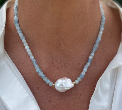 Aquamarine Necklace with Baroque Pearl