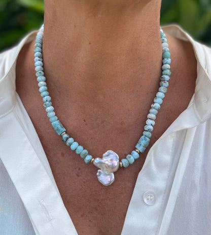 Larimar necklace with baroque pearl