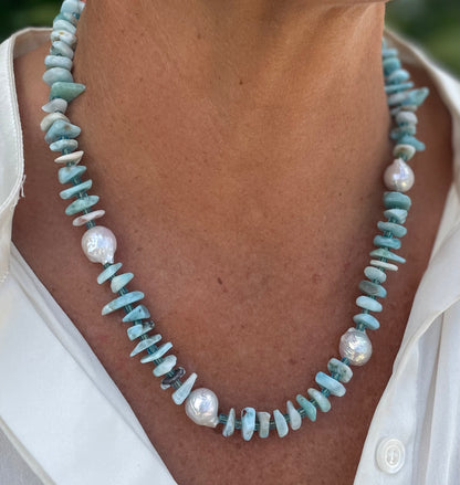Larimar, pearl and coral necklace