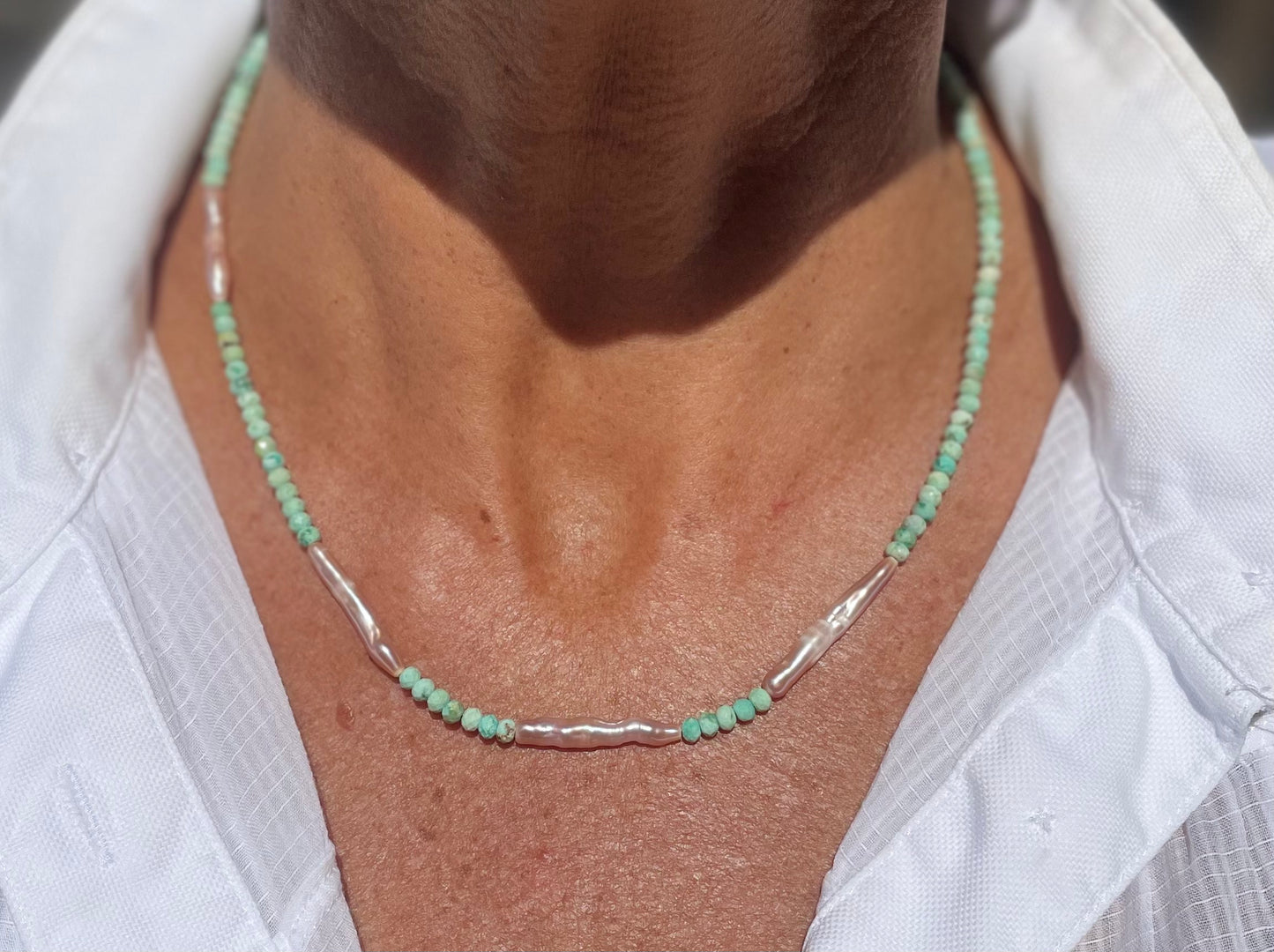 Mint opal and pink pearl necklace