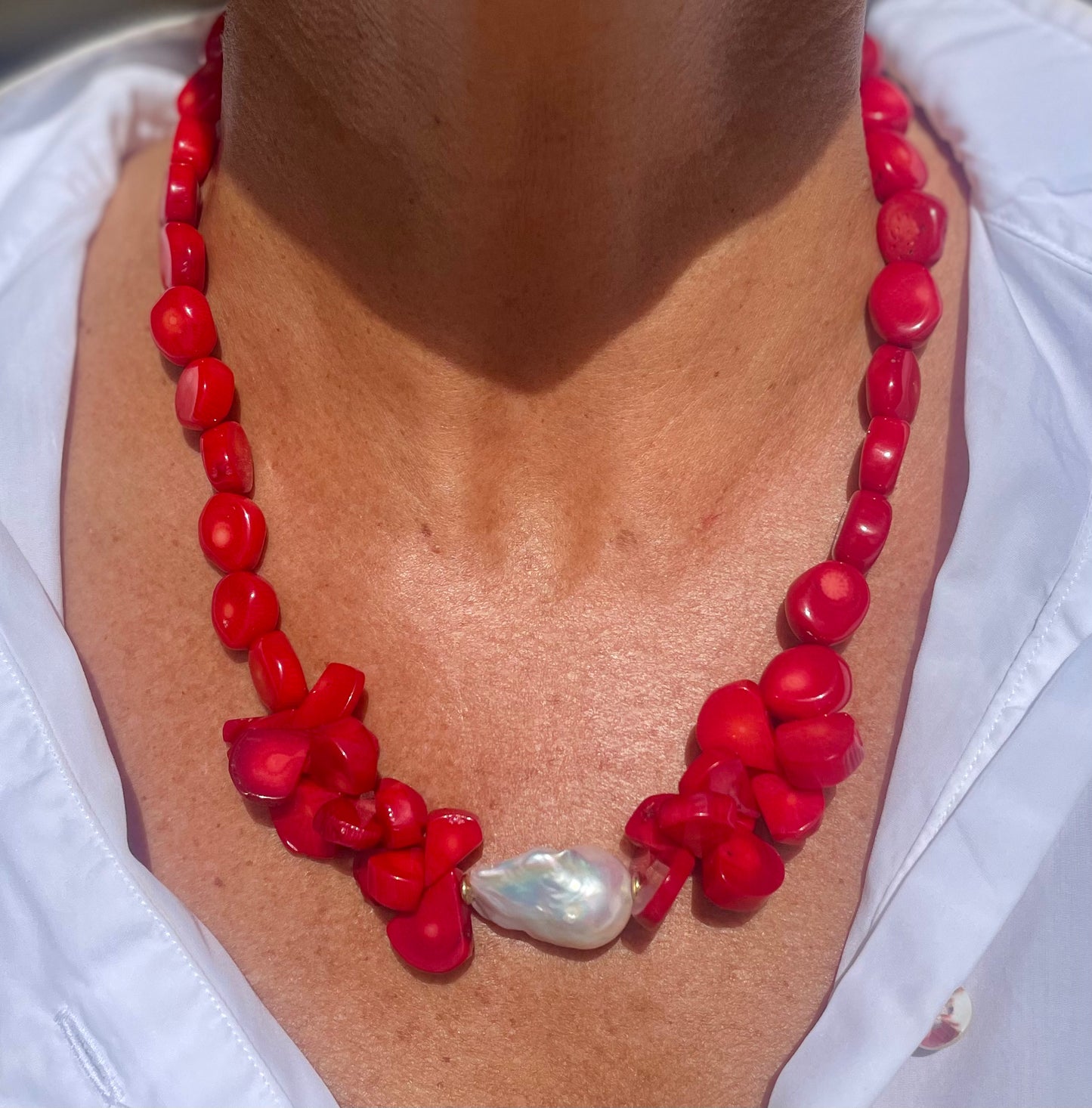 Red Coral and large baroque pearl necklace