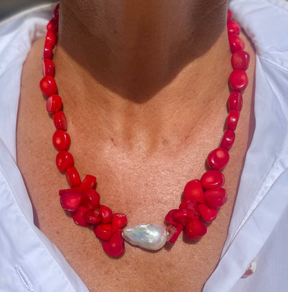 Red Coral and large baroque pearl necklace