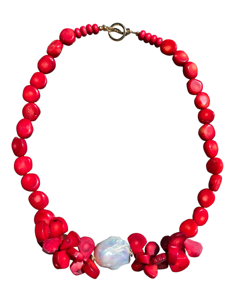 Red Coral and large baroque pearl necklace