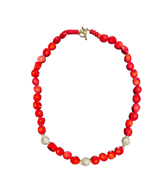 Red coral and freshwater pearl necklace