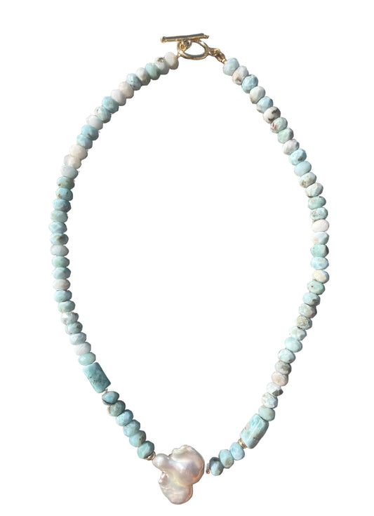 Larimar necklace with baroque pearl