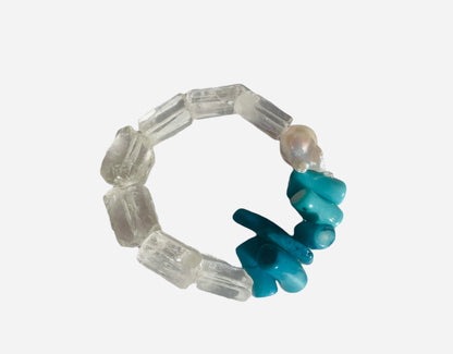 Blue coral, Clear Quartz and baroque pearl bracelet