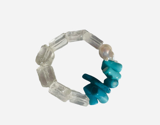 Blue coral, Clear Quartz and baroque pearl bracelet