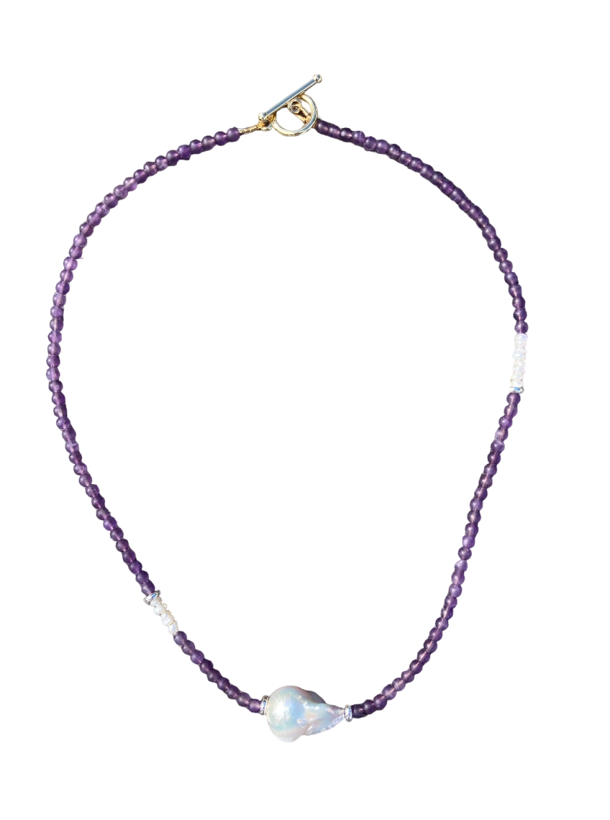 Amethyst Necklace with Baroque Pearl