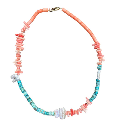 Apricot Coral, Turquoise and freshwater pearl necklace
